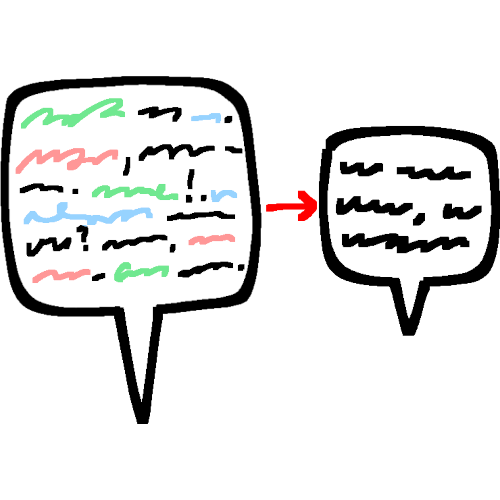 large speech bubble with highlights next to a smaller speech bubble with no highlights. in between is a red arrow to indicate change